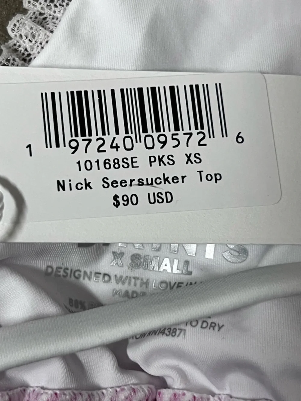 New Frankies Bikinis Pink Seersucker Triangle Bikini‎ Top with White Ruffle Trim